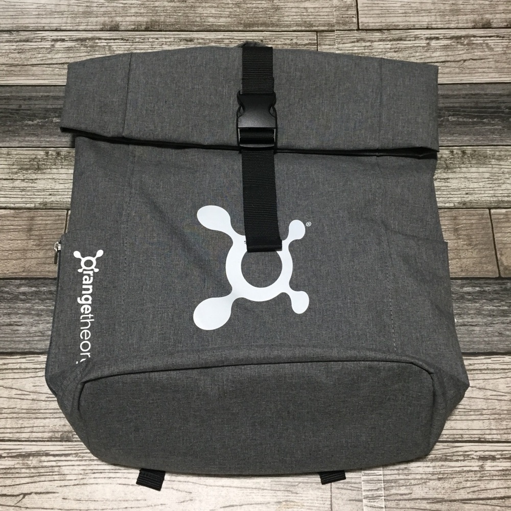Orange Theory Backpack Gray White Fold Over Buckle Closure Laptop Compartment